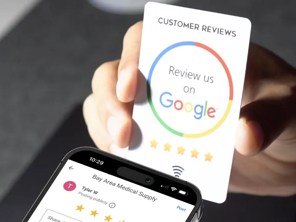 A hand taps an NFC review card against a phone and the action opens instantly