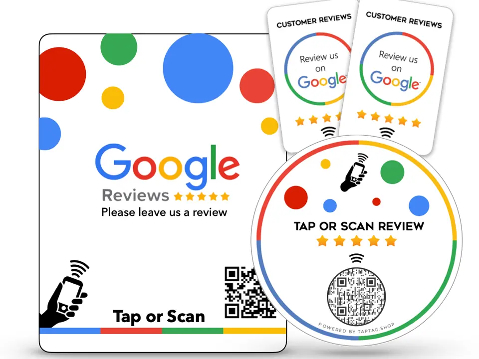 A bundle of NFC cards, sticky tags, and a counter plate together